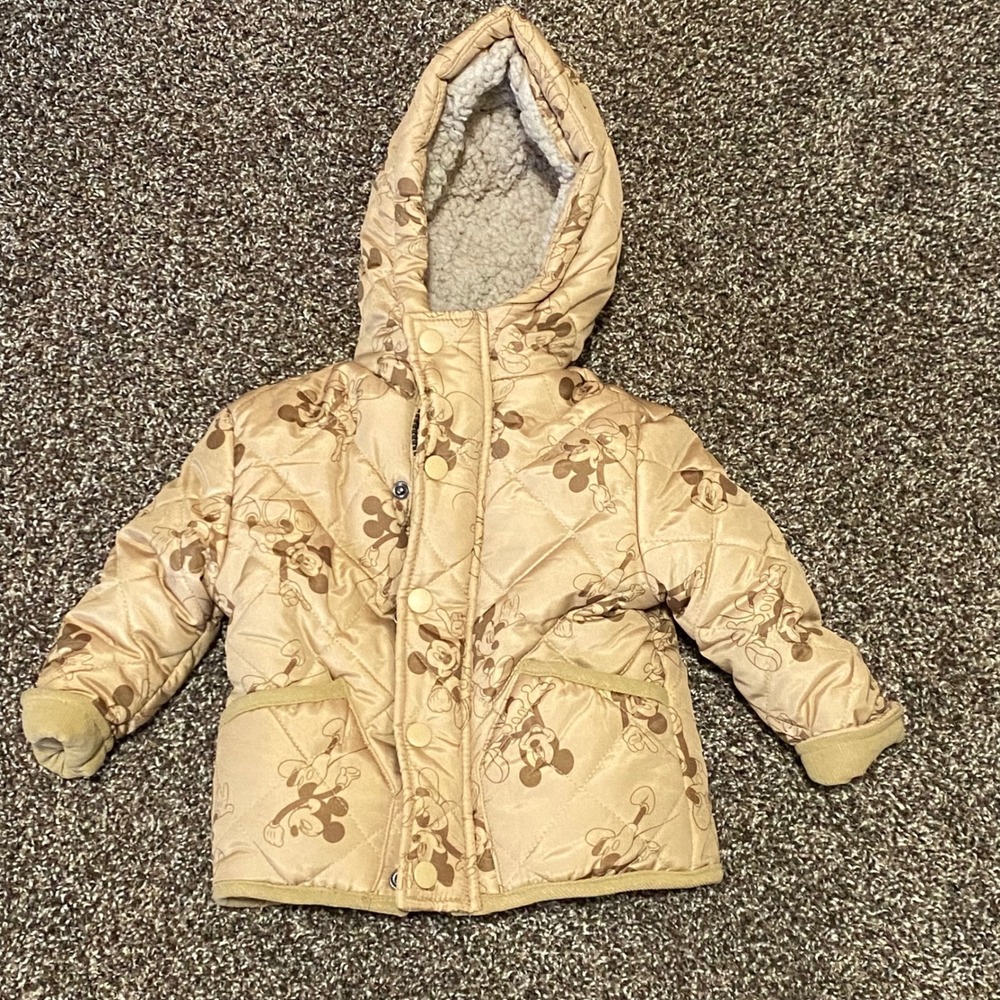 Kids Mickey Mouse Quilted Sherpa Lined Hooded‎ Jacket 12M light brown washable